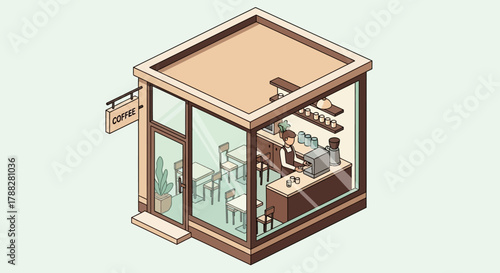 Coffee shop isometric view with seating and counter