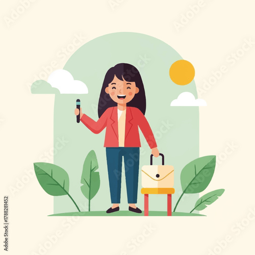 Young woman with microphone and briefcase, representing professional or media career, in a pleasant outdoor setting