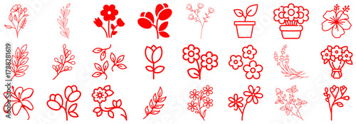 Collection of Red Floral and Botanical Line Art Icons