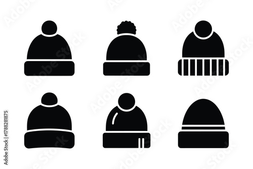 Six winter hats silhouette vector design