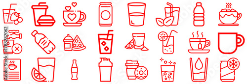 Collection of Red Line Icons Representing Drinks and Food Items