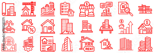 Real Estate and Property Icons - Red Line Art Collection