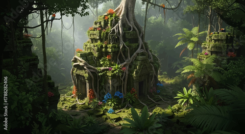Ancient temple ruins overgrown with jungle foliage