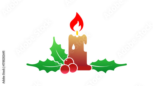 Silhouette of Christmas candle with holly leaves and flame glowing softly