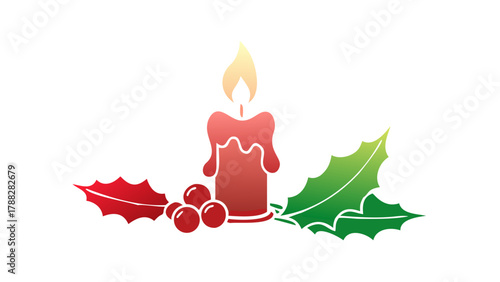 Silhouette of Christmas candle with holly leaves and flame glowing softly