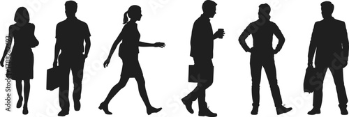 Business people walking, urban silhouettes, professional attire, briefcase carrying, city commuters, standing poses, casual clothing, morning rush, office workers, lifestyle illustration