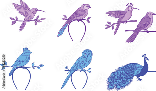 Colorful gradient bird collection illustration, artistic purple and blue wildlife design, decorative vector drawing with peacock owl hummingbird elements