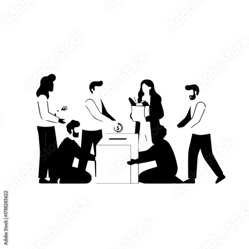 Illustration of people donating to a charity or cause by placing money into a donation box