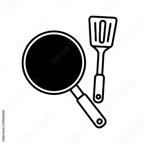 Simple line art icon of a frying pan and spatula, representing cooking and kitchen utensils. A black and white vector graphic for culinary concepts