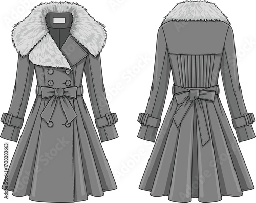 Winter coat illustration, double-breasted design, faux fur collar, fashion sketch, front and back view, stylish outerwear, belt detail, pleated back, vector art
