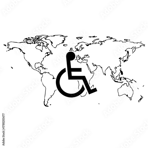 Global accessibility symbol on world map, representing universal inclusion and support for people with disabilities, fostering barrier-free access