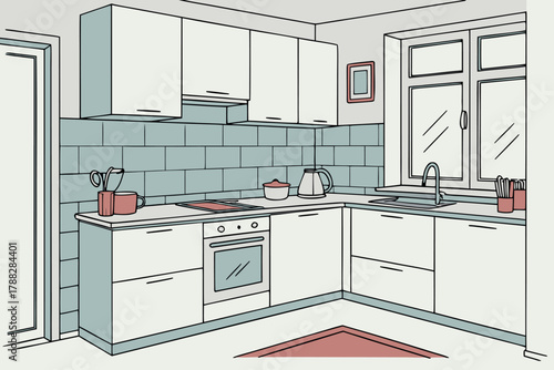 Kitchen interior design with modern kitchenware and furniture household appliances