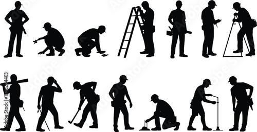Construction workers silhouettes, labor force, industrial teamwork, building site activity, manual work, tools, safety gear, tradesmen, infrastructure, job site, effort, teamwork, engineering