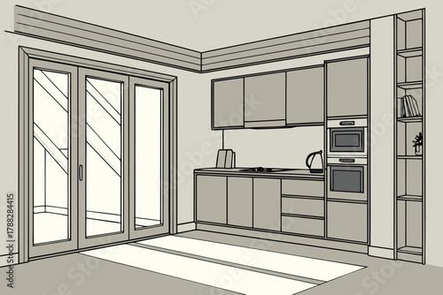 Kitchen interior design line art vector drawing perspective view black and white illustration