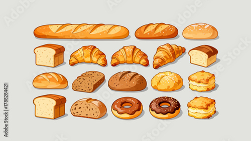 A variety of bread collections, cartoon hand-drawn vector illustrations, sliced bread, butter bread, croissants, meat floss bread, cream bread, baguettes, doughnuts, cakes, pineapple buns, and baked g