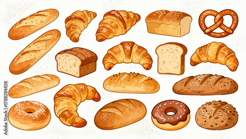 A variety of bread collections, cartoon hand-drawn vector illustrations, sliced bread, butter bread, croissants, meat floss bread, cream bread, baguettes, doughnuts, cakes, pineapple buns, and baked g