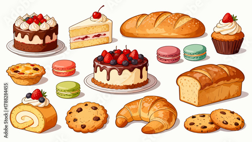 A variety of bread collections, cartoon hand-drawn vector illustrations, sliced bread, butter bread, croissants, meat floss bread, cream bread, baguettes, doughnuts, cakes, pineapple buns, and baked g