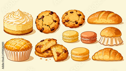 A variety of bread collections, cartoon hand-drawn vector illustrations, sliced bread, butter bread, croissants, meat floss bread, cream bread, baguettes, doughnuts, cakes, pineapple buns, and baked g