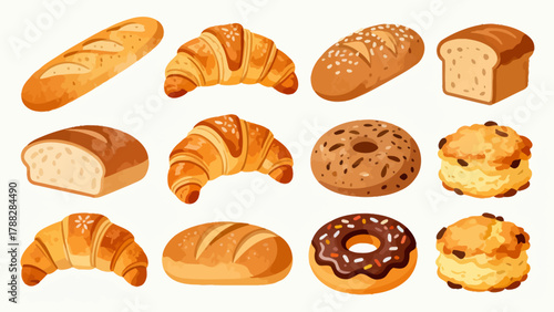 A variety of bread collections, cartoon hand-drawn vector illustrations, sliced bread, butter bread, croissants, meat floss bread, cream bread, baguettes, doughnuts, cakes, pineapple buns, and baked g