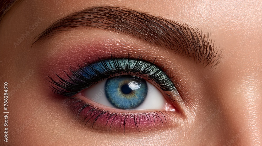 Obraz premium Close-up of a female with vibrant eye makeup showcasing stunning blue eyes.