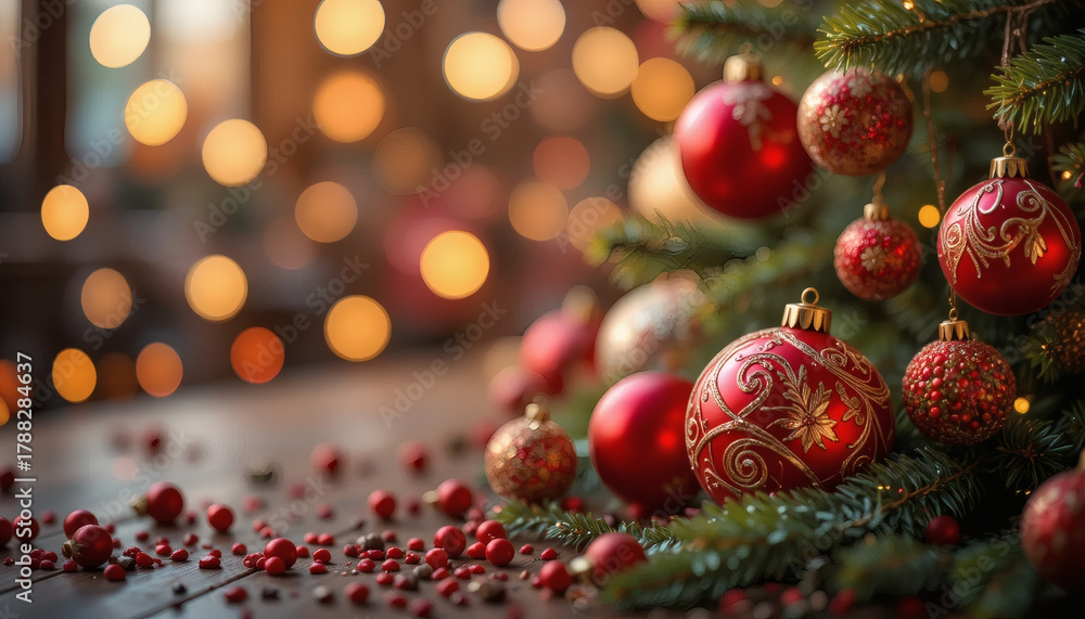 Obraz premium Christmas background with red and gold ornaments, pine branches, and bokeh lights, festive mood