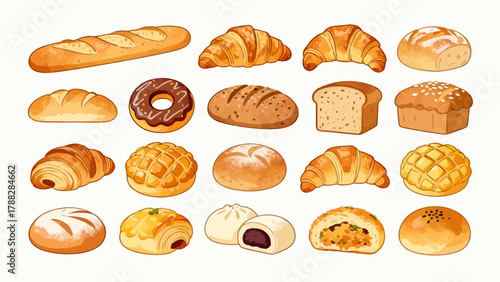 A variety of bread collections, cartoon hand-drawn vector illustrations, sliced bread, butter bread, croissants, meat floss bread, cream bread, baguettes, doughnuts, cakes, pineapple buns, and baked g