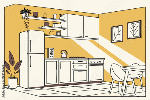 Modern kitchen interior with big window countertop stove oven and dining table