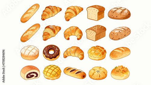 A variety of bread collections, cartoon hand-drawn vector illustrations, sliced bread, butter bread, croissants, meat floss bread, cream bread, baguettes, doughnuts, cakes, pineapple buns, and baked g