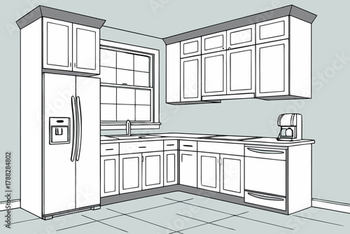 Modern kitchen interior with kitchen island dining table house plants and window