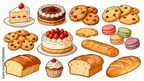 A variety of bread collections, cartoon hand-drawn vector illustrations, sliced bread, butter bread, croissants, meat floss bread, cream bread, baguettes, doughnuts, cakes, pineapple buns, and baked g