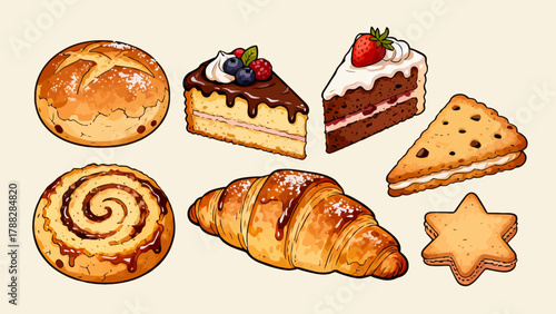A variety of bread collections, cartoon hand-drawn vector illustrations, sliced bread, butter bread, croissants, meat floss bread, cream bread, baguettes, doughnuts, cakes, pineapple buns, and baked g