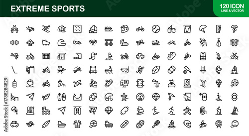 Extreme Sports Stroke Icon Set. Bold and Creative icons for adventure, action, and thrill sports
