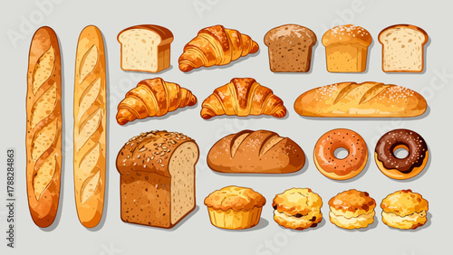 A variety of bread collections, cartoon hand-drawn vector illustrations, sliced bread, butter bread, croissants, meat floss bread, cream bread, baguettes, doughnuts, cakes, pineapple buns, and baked g