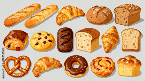 A variety of bread collections, cartoon hand-drawn vector illustrations, sliced bread, butter bread, croissants, meat floss bread, cream bread, baguettes, doughnuts, cakes, pineapple buns, and baked g