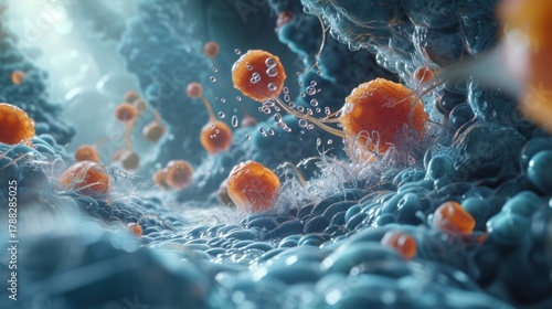Abstract visualization of microscopic cells or organisms. 3D rendering of a biological process with orange bacteria on a blue surface. Medical and scientific research concept