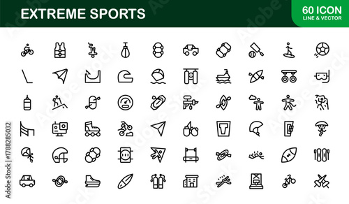 Extreme Sports Line Icon Set. Exciting and Dynamic icons for adventure, action, and thrill activities
