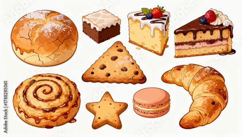 A variety of bread collections, cartoon hand-drawn vector illustrations, sliced bread, butter bread, croissants, meat floss bread, cream bread, baguettes, doughnuts, cakes, pineapple buns, and baked g