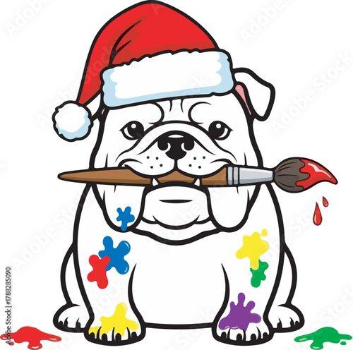 Cute Christmas Bulldog painting with brush and color vector art illustration,