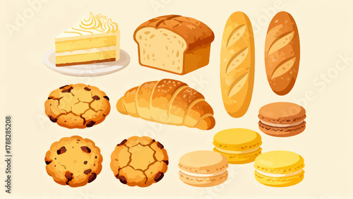 A variety of bread collections, cartoon hand-drawn vector illustrations, sliced bread, butter bread, croissants, meat floss bread, cream bread, baguettes, doughnuts, cakes, pineapple buns, and baked g