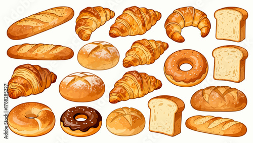 A variety of bread collections, cartoon hand-drawn vector illustrations, sliced bread, butter bread, croissants, meat floss bread, cream bread, baguettes, doughnuts, cakes, pineapple buns, and baked g