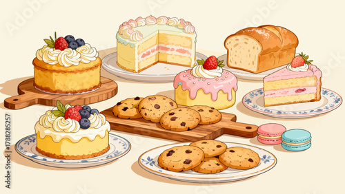 A variety of bread collections, cartoon hand-drawn vector illustrations, sliced bread, butter bread, croissants, meat floss bread, cream bread, baguettes, doughnuts, cakes, pineapple buns, and baked g