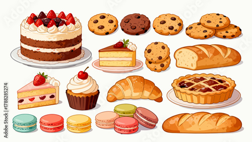 A variety of bread collections, cartoon hand-drawn vector illustrations, sliced bread, butter bread, croissants, meat floss bread, cream bread, baguettes, doughnuts, cakes, pineapple buns, and baked g