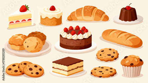 A variety of bread collections, cartoon hand-drawn vector illustrations, sliced bread, butter bread, croissants, meat floss bread, cream bread, baguettes, doughnuts, cakes, pineapple buns, and baked g
