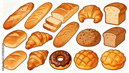 A variety of bread collections, cartoon hand-drawn vector illustrations, sliced bread, butter bread, croissants, meat floss bread, cream bread, baguettes, doughnuts, cakes, pineapple buns, and baked g