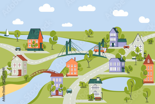 Charming Flat Cartoon Town Map with Houses and Rivers. Vector illustration
