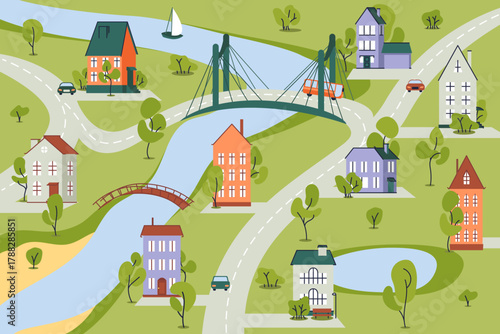 Charming Flat Cartoon Town Map with Houses and Rivers. Vector illustration