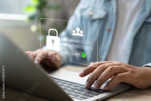 Cybersecurity protects login and secure internet access, Man secure data on laptop with encryption and network protection. Secure login and digital privacy, Business confidentiality.