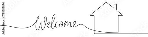 The word "Welcome" next to a house silhouette, drawn with one continuous line. Symbol of hospitality. Vector illustration.