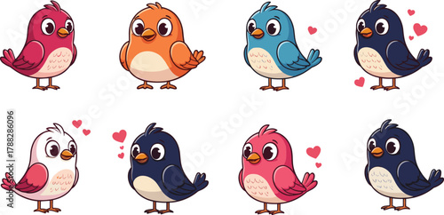 Cute cartoon birds collection, colorful vector illustration of adorable love birds, funny animal characters, romantic wildlife art for kids design