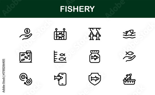 Fishery Glyph Icon Set. Sleek and Modern icons for marine life, fishing, and aquaculture tools
